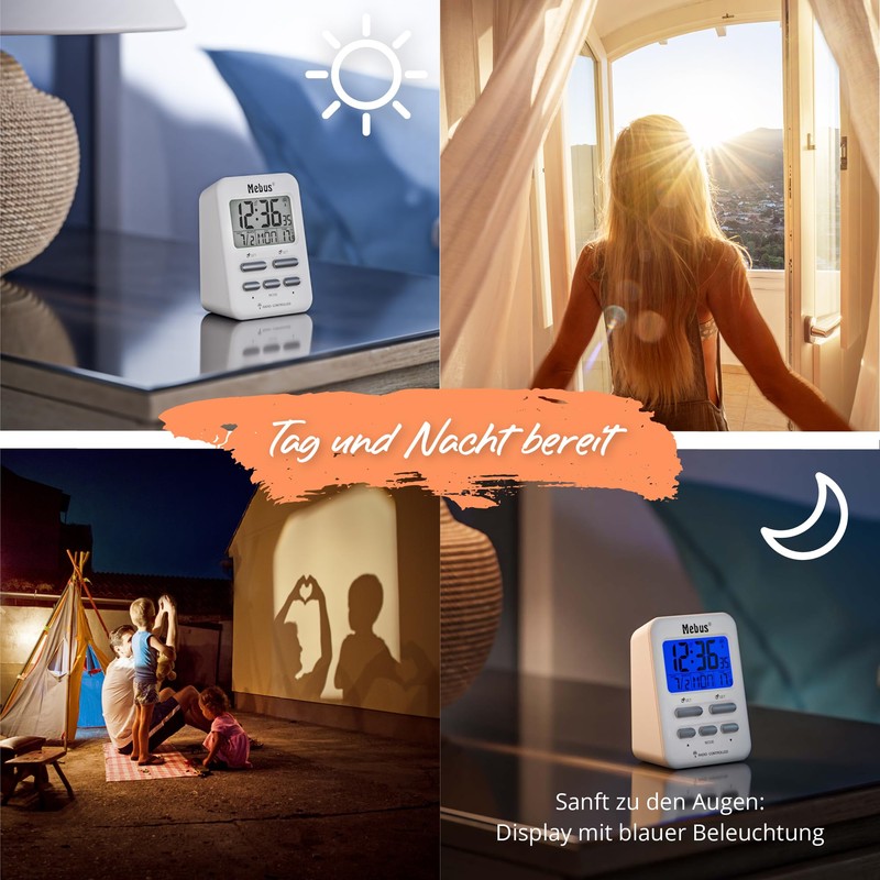 MEBUS Radio-Controlled Alarm Clock with Temperature Display in Travel Size,