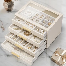 VLANDO 4 Layer Jewelry Box for Women, Glass Lid Jewelry Organizer with 4 Drawers for Necklaces Rings Earrings Bracelets, Christmas Gift for her - Color: Cream white