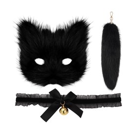 USHXVG 1 Cat Mask, 1 Tail, 1 Collar, Fox Tail Keychain, Plush Mask, Tail Pendant, Costume Props, Fox Cat Mask Set