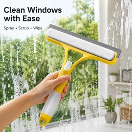3-in-1 Window Cleaning Squeegee for Glass & Mirrors – Built-In Spray Bottle and Microfiber Scrub for Home & Car