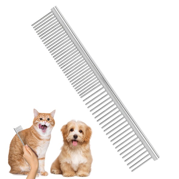 Pet Grooming Comb Stainless Steel 2-in-1 Dog Comb Long Hair Pet Steel Comb with Rounded Ends Stainless Steel Teeth Tick Comb for Dogs Silver Macrame Comb for Removing Tangles and Knots