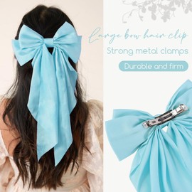 1PC Satin Hair Bows for Women Large Hair Barrettes Ribbon for Girls Giant Long Bow Hair Clips Ponytail Holder Silk Big Hair Clips Accessories for Women(Blue)