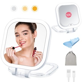 Travel Makeup Mirror with Lights and Magnification, Rechargeable Large Lighted Beauty Mirror with 3 Color, Portable 1x/10x Magnifying Vanity Mirror, Double Sided Led Folding Compact Mirror,Dimmable