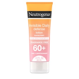Neutrogena Invisible Daily Defense Fragrance-Free Sunscreen Lotion, Broad Spectrum SPF 60+, Oxybenzone-Free & Water-Resistant, Sun & Environmental Aggressor Protection, 3.0 fl. oz