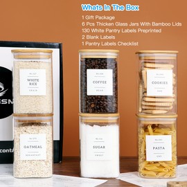 CZZGSM 6 Pack Square Kitchen Storage Jars with Airtight Bamboo Lids and 132 Pantry Labels - 35oz Glass Canisters With Wood Lids - Food Storage Containers for Coffee, Cookie, Tea, Spice