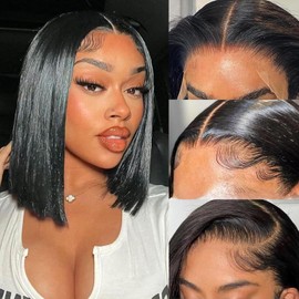OPNGF Bob Wig Human Hair Glueless 13x4 HD Lace Front Wigs For Black Women Straight Transparent Frontal Short Human Hair Bob Wig 14 Inch Pre Plucked With Baby Hair 180% Density