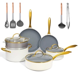 OUBRL ceramic cookware set,Healthy,Non Toxic,Pots and Pans Set non stick,14-Pcs Kitchen induction cooking Sets, nonstick Pot and Pan Set with silicione Utensils,PFOS/PFOA Free,Cream and Gold