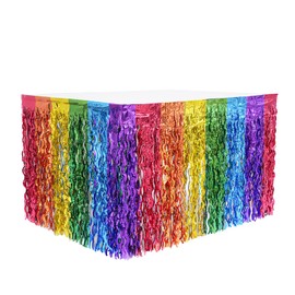 Vxcvzv 2 Pcs Rainbow Tinsel Foil Table Skirt 29in x 108in Wave Foil Fringe Streamers Curtains for Birthdays Holiday Wedding Engagement Cartoon Parties