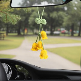 Cute Car Accessories Crochet for Women Interior Aesthetic Things Handmade Knitted Pink Flowers Lily of The Valley Rearview Mirror Hanging Dashboard Decoration Pendant Ornament Blue Plant