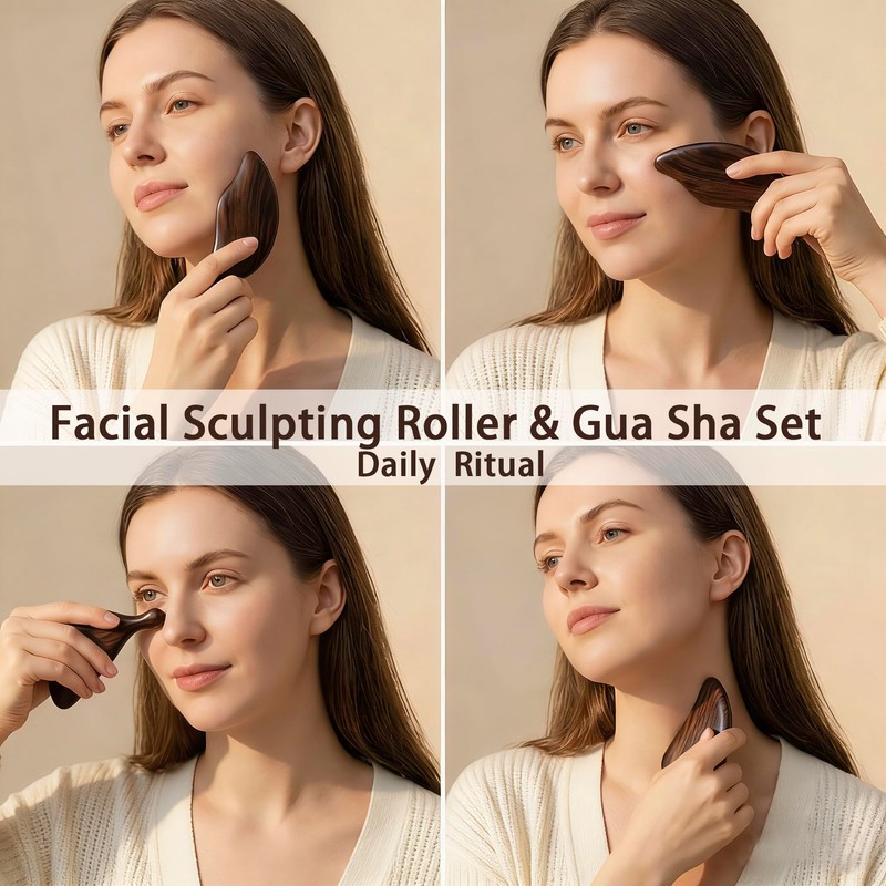 Red Sandalwood Face Roller & Leaf Gua Sha Set, Dual