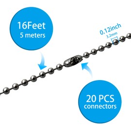 YeeBeny 192 Inch Fan Pull Chain Extension with 25 PCS Connectors, Metal Ceiling Fan Chain Connector, Stainless Steel Bead Chain(3.2mm Diameter) (Dark Gary)
