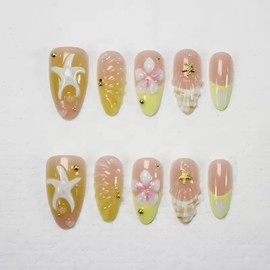 Handmade Press on Nails Medium Almond Fake Nails with 5D Water Ripples Starfish Design Gold Rhinestone False Nails French Tip Ocean Glue on Nails Glossy Ombre Yellow Nails for Women Manicure 30Pcs
