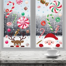 WALPLUS Christmas Window Stickers Clings Xmas Decoration Reusable Double-Sided Print Decals for Glass Living Room Windows Display Santa and Rudolph in Candyland 85 Pieces