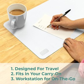 BLACK+DECKER Small Travel Desk Mat, Office Desk Pad, Computer Mat, Laptop Pad for Mobile Office, Computer Furniture Protector, Compact for Carry-On Bags, Ideal for Travel & Work (12"x 20"), White