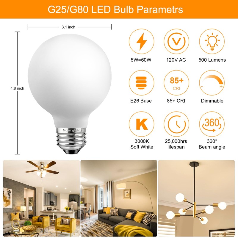 MorningLight 4 Pack G25/G80 Dimmable Globe LED Light Bulbs 60W,