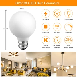 MorningLight 4 Pack G25/G80 Dimmable Globe LED Light Bulbs 60W, E26 LED Bulb 60 Watt Soft White 3000K, 5W Vintage LED Edison Bulb, E26 Matt White Light Bulbs for Vanity Light/Bathroom, 500LM