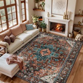 Ciicool Washable Area Rug - 6x9 Vintage Bedroom Rug Dining Room Non-Slip Lining Room, Oriental Throw Low Pile Carpet for Office Kitchen Entryway（Brick Red/Dull Teal）