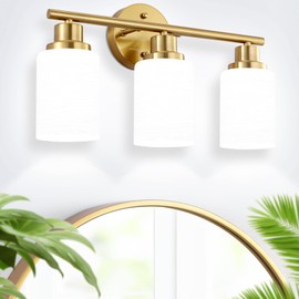 3-Light Bathroom Light Fixtures, Brushed Gold Vanity Light with Milky White Frosted Glass Shade, Vanity Light for Bathroom, Modern Bathroom Wall Light Fixtures, Bathroom Lighting for Vanity Mirror