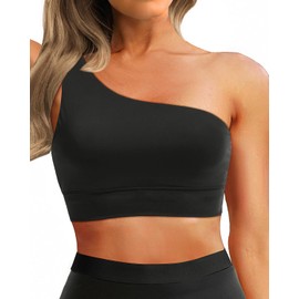 Holipick Black Women One Shoulder Bikini Top Sports Bra Swimsuit Top Crop Top Bathing Suit Top Only for Teen Girls L