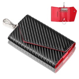 INMURYIA Men's Carbon Fiber Leather Key Case, 6 Hooks, Household Keys, Bicycle Key, Office Ski, Storage Pocket, Cash Card IC Card, Multifunctional, Abrasion Resistant, Scratch Resistant, Waterproof
