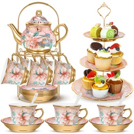 Suttmin 21 Pcs Porcelain Tea Set with Metal Holder and Cupcake Stand, Ceramic Tea Pot Cups Saucers Cupcake Tier Tower European Ceramic Tea Set for Adult Women Girls Tea Party Wedding(Pink)