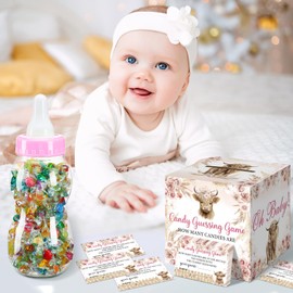 Glenmal 52 Pcs Baby Shower Games Gift Sets Large Baby Bottle for Shower Game Guess How Many Candies Decorations for Gender Reveal (Highland Cattle)