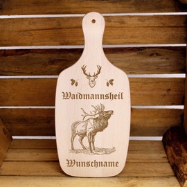 Waidmannsheil Weidmannsheil Wooden Board Chopping Board with Name of Choice Breakfast Board with Engraving Wolf Deer Fox Wild Boar Gift for Hunters 34 x 15 cm (Waidmannsheil Capital Deer)