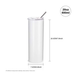 PYD Life 2 PCS Sublimation Blanks Skinny Tumbler White 20 OZ Straight Double Wall Stainless Steel Tumbler with Metal Straw Tumbler Cups for Tumbler Heat Press Machine Heat Transfer