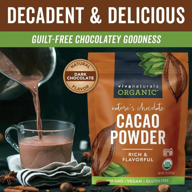 Viva Naturals Organic Cacao Powder, 1lb, Perfect for Baking &
