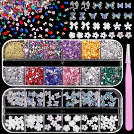 3D Nail Charms and Mini Nail Gem, Aurora Flower Butterfly Bow Charms for Nails Design, Multi Shapes Colors Tiny Heart Star Flower Gems for Nails Art DIY