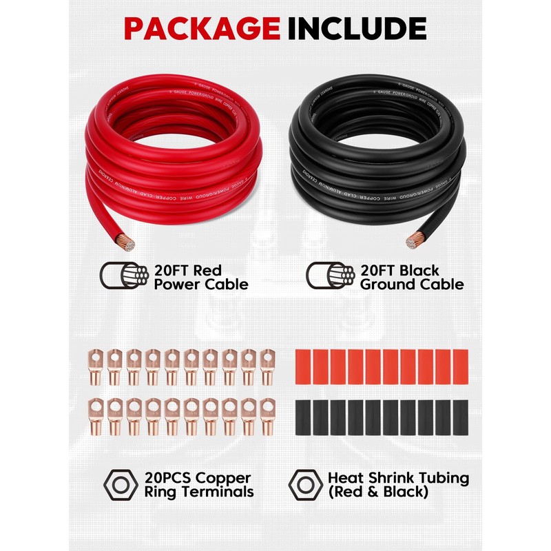 1/0 AWG 40FT Copper Clad Aluminum Battery Cable Kit (20FT