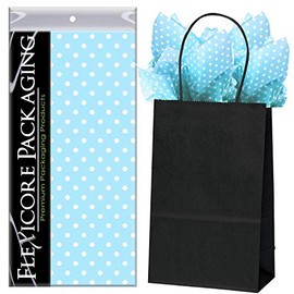Flexicore Packaging Black Kraft Paper Gift Bags & Light Blue Gift Wrap Tissue Paper | Size: 5.25 Inch X 3.25 Inch X 8.25 Inch | Count: 50 Bags | Color: Light Blue Polka Dot