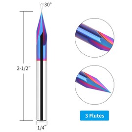 Broca de 30 grados en V de 1/4 pulgadas, fresa de extremo de chaflán CNC de carburo, broca de ranurado en V de 3 vueltas con nano revestimiento azul para grabado CNC de madera (extra largo)