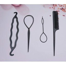 Ruwado 4 Pcs Hair Tail Tools with Hair Comb French Braid Tool Loop Plastic Black Hair Braiding Tool Styling Accessories Hair Pull Through Tool for Girls Women Long Curly Straight Hair (Black)