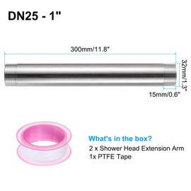 uxcell 2pcs Shower Head Extension Arm 300mm(12") Length Stainless Steel Shower Head Extender Straight Pipe Fitting Pipe Extension with PTFE Tape for Bathroom, Silver Tone