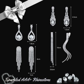 Diamday 4 Pairs Silver Clip on Dangle Earrings for Women Rhinestone Tassle Earrings Angel Wings Sparkly Chandelier Earrings for Brides Bridesmaids Wedding Prom Jewelry Non Pierced