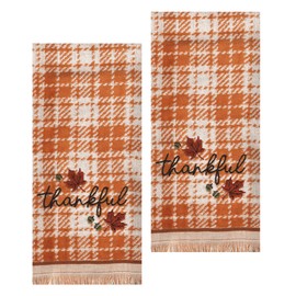 Celebrate Together Bath Hand Towels, Set of 2, Embroidered Thankful Fall Plaid