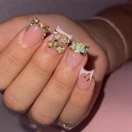 White French Tip Press on Nails Short Square Fake Nails with 3D Gold Bow Rhinestones Lip print Lines Designs 24 Pcs Natural Reusable Acrylic Nail Full Cover Stick on Nail for Women Fashion WYFHDT