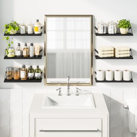 SRIWATANA Floating Shelves for Wall Decor, Wood Wall Shelves for Bathroom, Bedroom, Kitchen, Living Room, Set of 6 (Weathered Black)