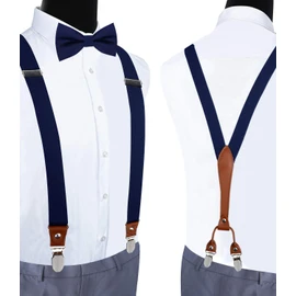 GUSLESON - Juego de tirantes y pajarita para hombre con banda elástica + pajarita + soporte para camisas para bodas, eventos formales, Azul marino, general