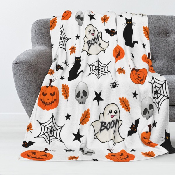 Luxury Fuzzy Halloween Blanket Pumpkin Ghosts Bat Spider Web Cat
