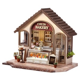 TuKIIE DIY Miniature House Kit with Furniture, 1:24 Scale Creative Room Mini Wooden Dollhouse Book Nook Plus Dust Proof & Music Movement for Kids Teens Adults(Leisurely Bakery)