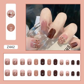 Glue on Nails Short Square, 24Pcs Full Cover Reusable False Nails Kits, Artificial Fingernails Acrylic Fake Nails for Women, Press on Nails with Designs, Stick on Nails Coffin Shape (Z442)