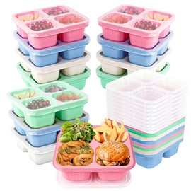 20Pcs Snack Containers Set, Plastic 4 Compartments Bento Boxes Reusable Meal Prep Lunch Container with Utensil & Transparent Lids, Wheat Straw Divided Food Storage for Kid Adult To Travel Picnic