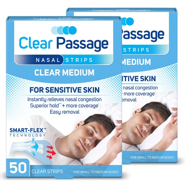 Clear Passage Nasal Strips Medium, 50 ct | Works Instantly to Improve Sleep, Reduce Snoring, & Relieve Nasal Congestion Due to Colds & Allergies (2 Packs)