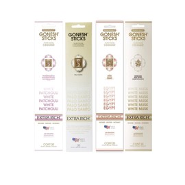 Gonesh Bliss Collection - Incense Sticks Variety Pack - Non-Toxic 10” Slow Burn Aromatic Sticks - Palo Santo, Egypt, White Musk, White Patchouli - 20 Sticks Each