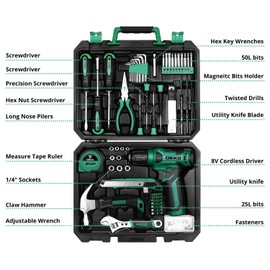 Tool Kit: 8V Cordless Drill, Home Toolbox with storage case, Hand Tool set for Home Repairs 126 Piece, Green