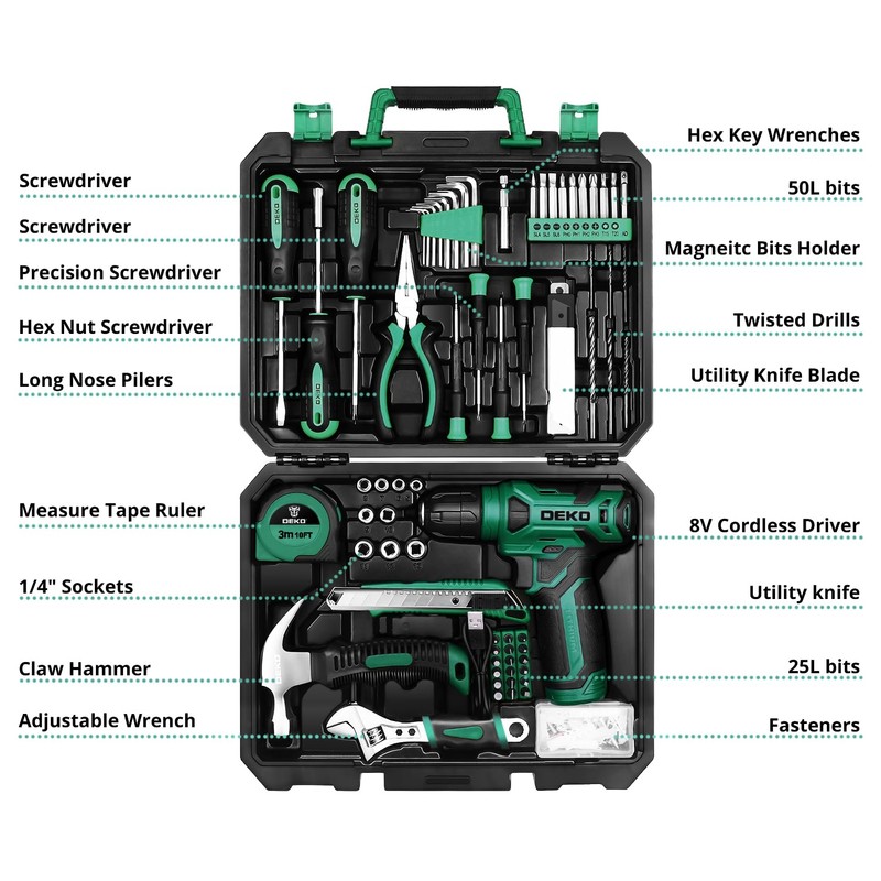 Tool Kit: 8V Cordless Drill, Home Toolbox with storage case,