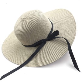 EightSpace Damen Strohhut, Sonnenhut Strand Breite Krempe UV Schutz Floppy Faltbare Packable Cap Strandhut (Beige)