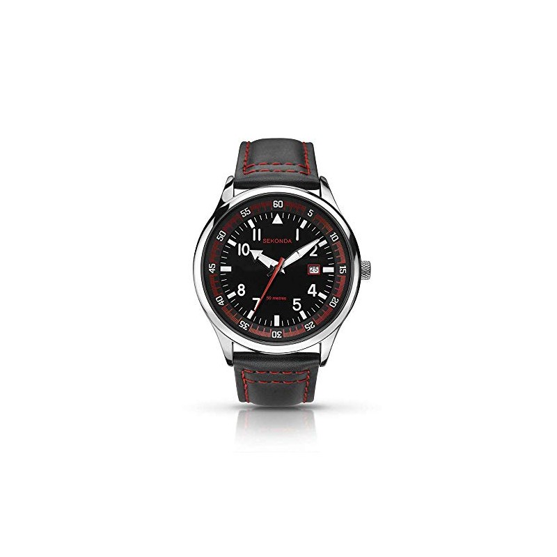 Sekonda Mens Black Leather Strap with Red Stitching Analogue Watch